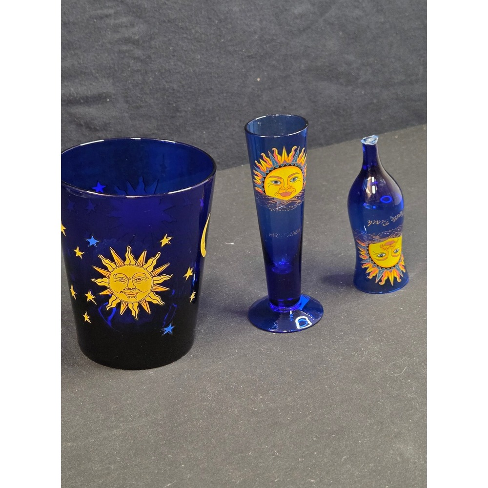 Vintage Celestial Cobalt Blue Glassware Set Sun Moon Stars Myrtle Beach Souvenir